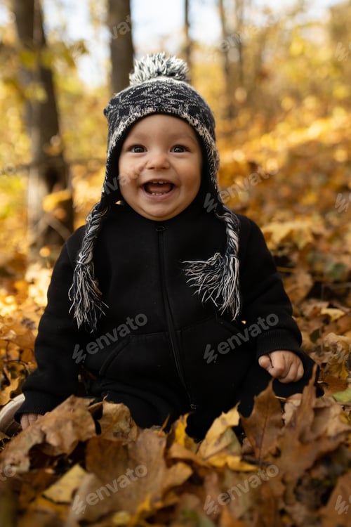 Preview: Little funny boy is played with autumn leaves. Autumn forest. Child in the autumn forest. Childhood.