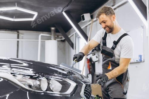 Preview: Man washing car hood and preparing the polishing process Car glass coating.