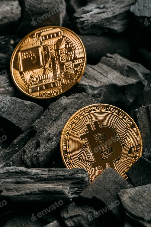 Preview: Bitcoins on coal background