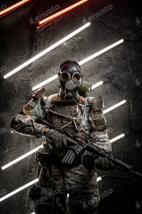 Preview: Dangerous soldier with gas mask against dark background