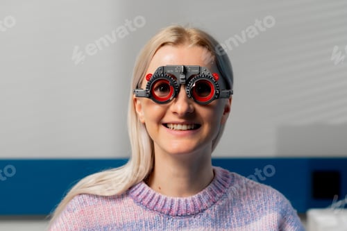 Preview: ophthalmology clinic of a smiling young blonde girl wearing glasses for selecting lenses