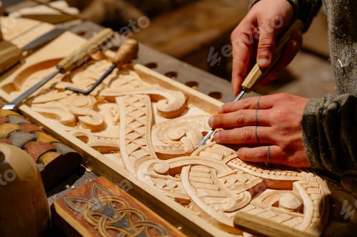 Preview: Artisan Carpenter Skillfully Carving Ornate Patterns on Wooden Surface