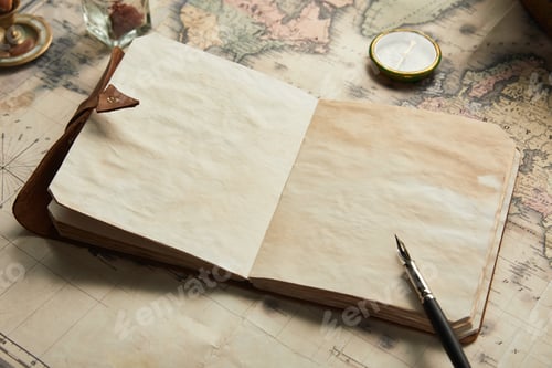 Preview: vintage blank notebook with fountain pen near compass on map background