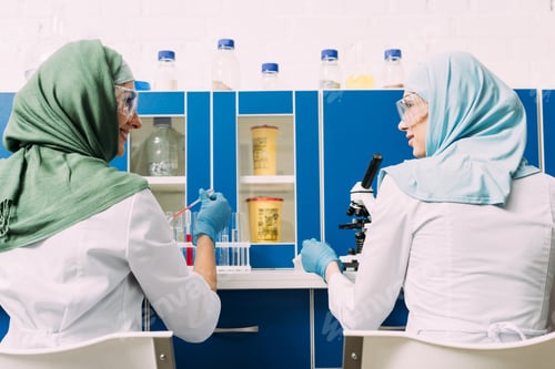 Preview: back view of female muslim scientists using pipette and microscope in chemical laboratory