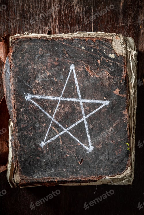 Preview: Old and black big book with a pentagram symbol