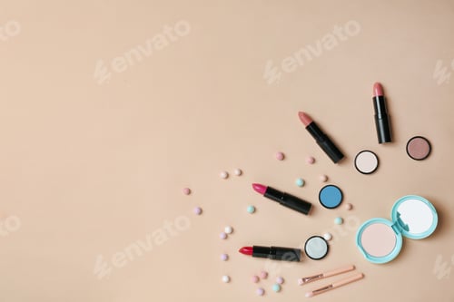 Preview: Decorative makeup products on color background