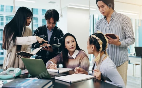 Preview: Japanese business people, teamwork and laptop for meeting, collaboration and writing notes in offic