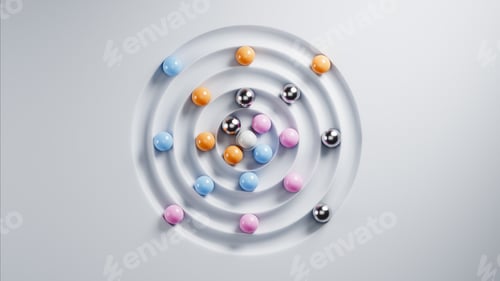 Preview: Colorful spheres rolling towards center of white concentric circles