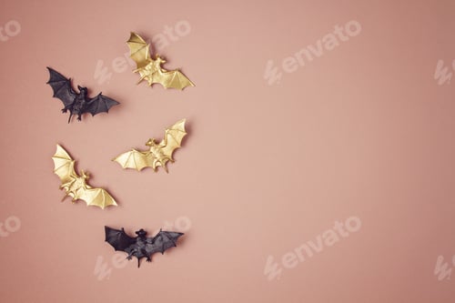 Preview: Top view of Halloween decoration with plastic bats. Party, invitation, halloween decoration
