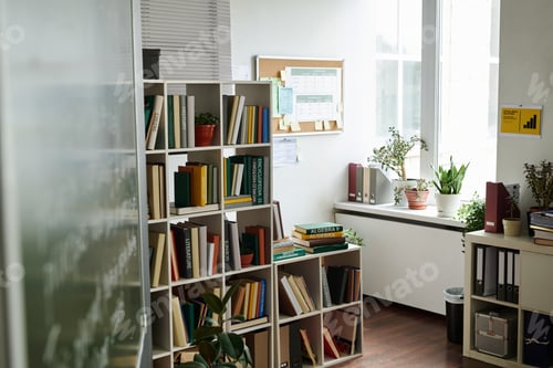 Preview: Well-Organized Office Space with Bookshelf and Plants