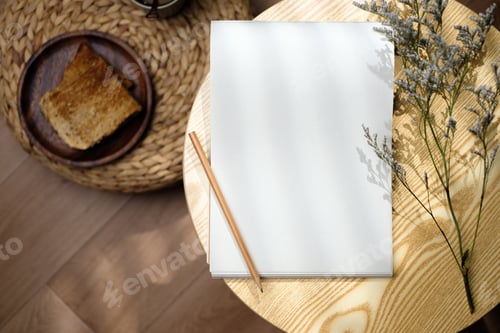 Preview: Mockup notepad with pencil on round table