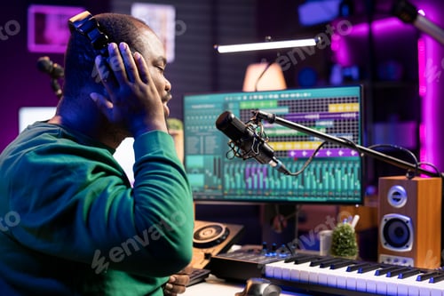 Preview: Creative artist songwriter recording his voice and lyrics in home studio