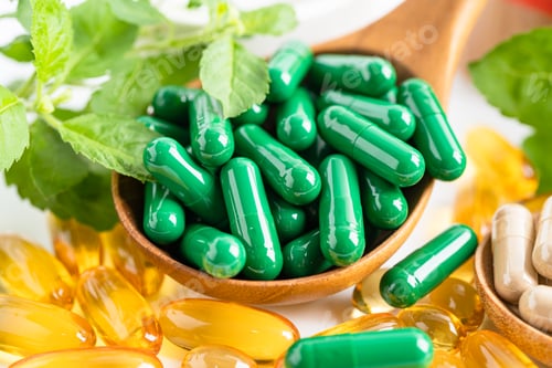 Preview: Alternative medicine herbal organic capsule with vitamin E omega 3 fish oil, mineral, drug