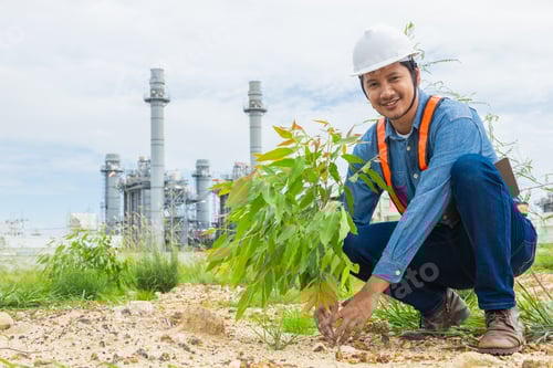 Preview: Industry worker plant tree at petroleum building. Green industry protect ecosystem and carbon absorb