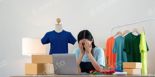 Preview: Woman seller SME retail store owner work hard worry stress in bad news on laptop at home office desk
