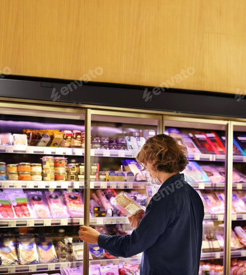 Preview: Supermarket Shopping, Face Mask And Gloves,Young Man Shopping In Supermarket, Reading Product