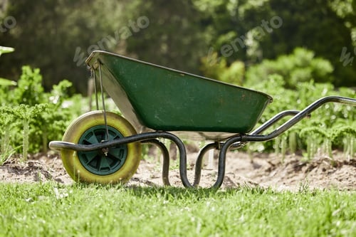 Preview: Farm or garden wheelbarrow on nature, agriculture environment or green countryside field used for f