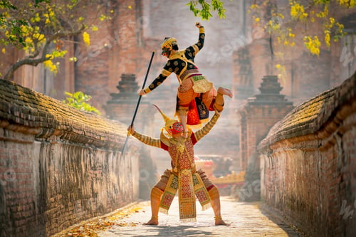 Preview: Khon or traditional Thai classic masked from the Ramakien characters action of traditional dance