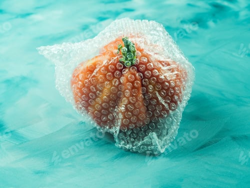 Preview: Tomato in plastic package on turquoise