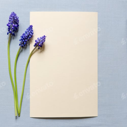 Preview: Flat lay composition with muscari flowers and envelope mockup with blank greeting card