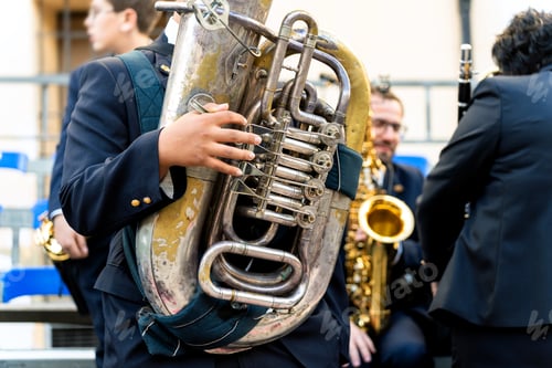 Preview: Band musicians with their instruments on the street. Typical music bands in Spain.