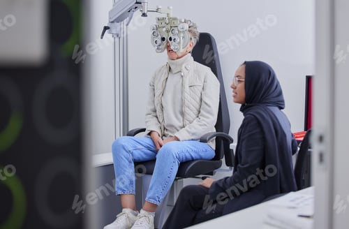 Preview: Vision, eye exam and senior woman with optometrist in clinic for testing, eyesight and optical asse