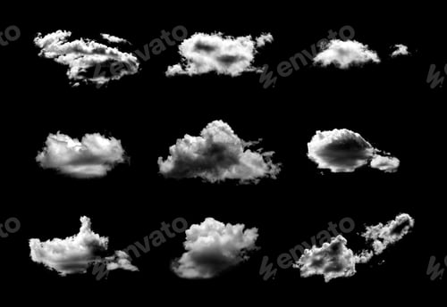 Preview: Set clouds white for design on isolated elements black background