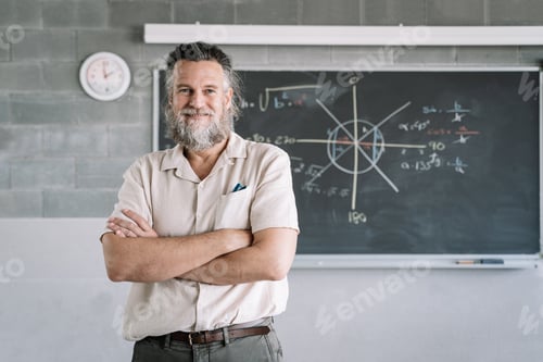 Visualização: Professor de meia idade barbudo e sorridente ao lado de um quadro-negro