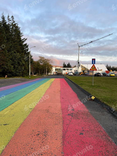 Preview: Rainbow colored street in Hveragerdi Iceland