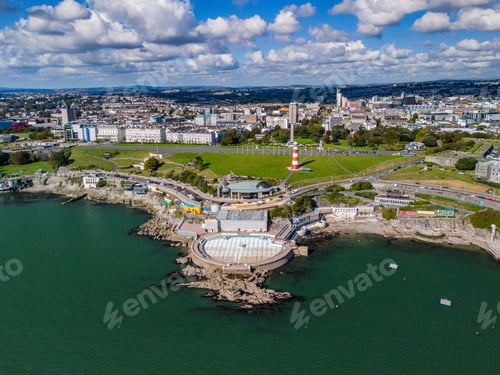 Preview: Aerial view of Plymouth Hoe, showcasing the iconic Smeaton's Tower lighthouse and waterfront