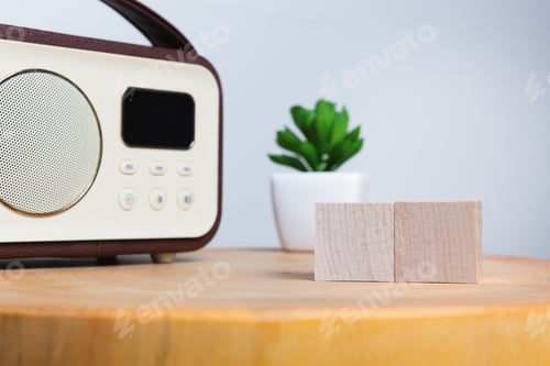 Preview: Radio and plant on wooden table with copy space wooden blocks