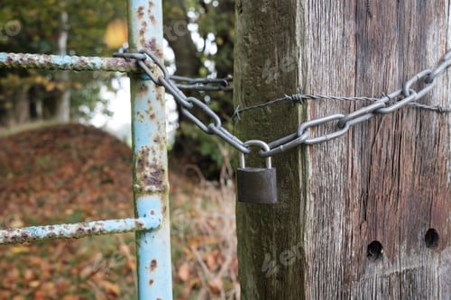 Preview: Padlock and chain linking an old metal gate and a wooden pole with barbed wire