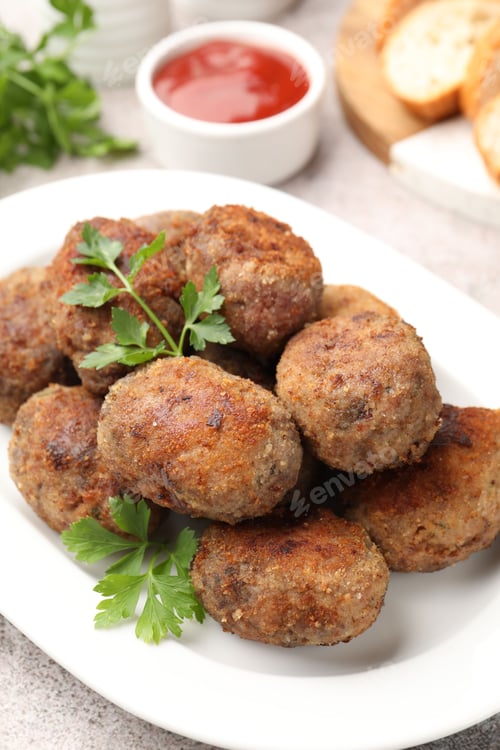 Preview: Tasty meat patties served on grey table, closeup