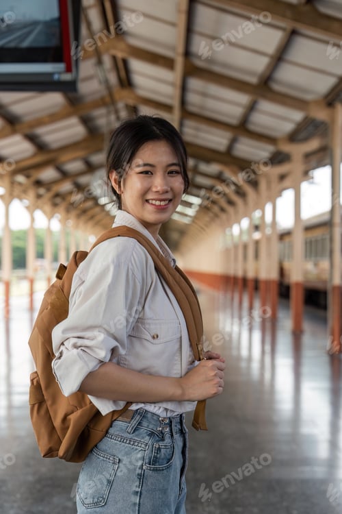 Preview: Woman traveler tourist walking with luggage at train station. travel lifestyle concept