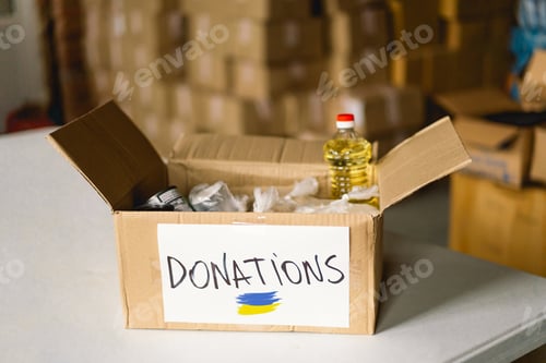 Preview: Donation food for refugees from Ukraine, support of war victims.