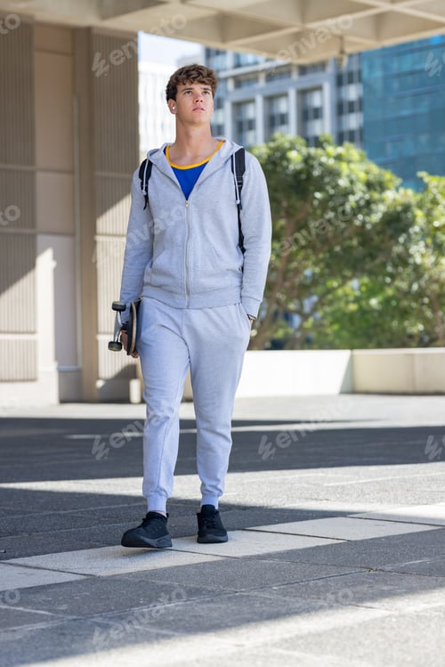 Preview: Vertical video: Walking man in gray hoodie under canopy, holding skateboard and backpack, commuting