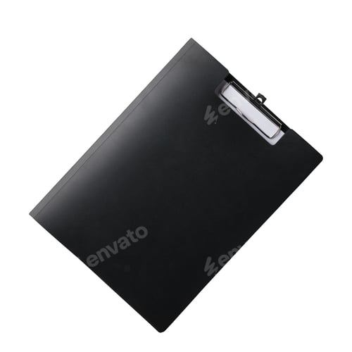 Preview: Closed black clipboard with clip at the top for papers. Folding clipboard, writing board with papers