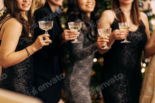 Preview: Close-up of female hands with elegant champagne glasses. Young women in evening dresses