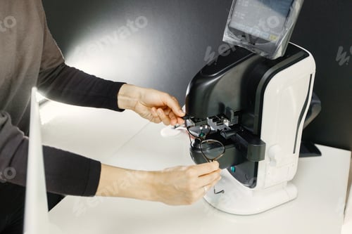 Preview: Optometrist checking eyeglasses on special equipment