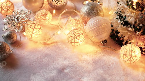 Preview: Colorful Ball And Light Christmas Decoration On White Background Table For Winter Holiday Season