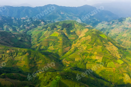 Preview: Paddy rice terraces, green agricultural fields in countryside of mountain hills valley, Vietnam.