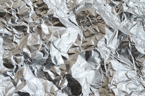 Preview: Thin wrinkled sheet of crushed tin aluminum silver foil background with shiny crumpled surface