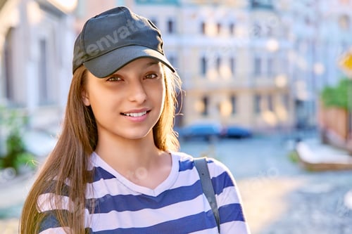Preview: Outdoor portrait of teenage girl in black cap, city street background
