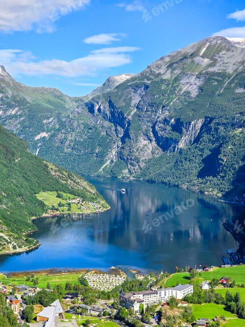 Preview: Geiranger fjord Norway , Fjord Landscape in Norway With Serene Waters and Majestic Mountains