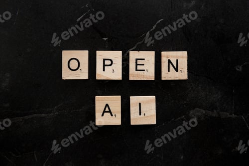 Preview: Wooden tiles spelling "open ai" on black background