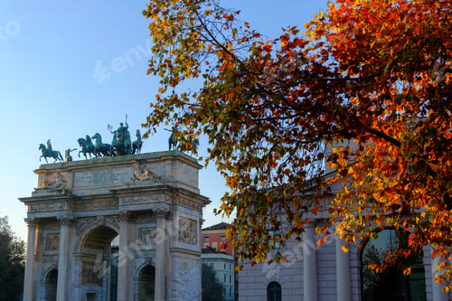 Preview: Milan, Italy: Arco della Pace seen from the Sempione park at fall