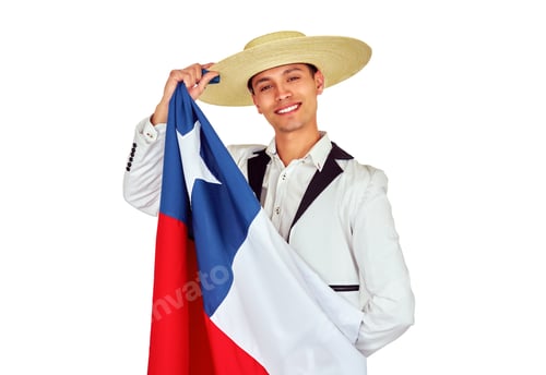 Preview: Smiling chilean huaso showing chilean flag while wearing traditional straw hat Chupalla,
