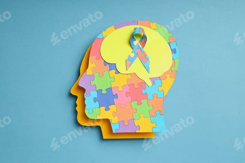 Preview: Paper human heads with colorful puzzle pieces on a light background. World autism day concept