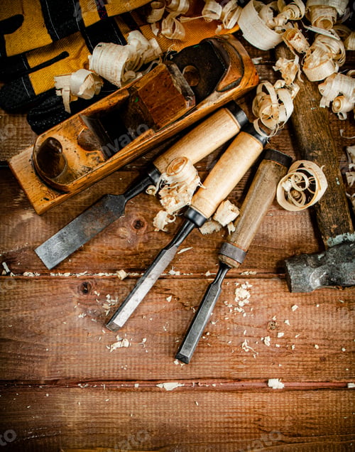 Preview: Working tool on wood with sawdust.