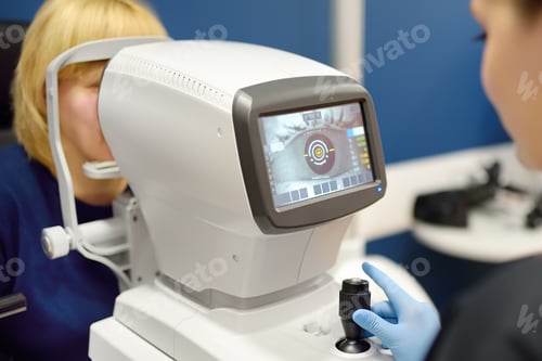 Preview: Patient during visit to optometrist for microscopic analysis of eyelids, sclera, conjunctiva etc